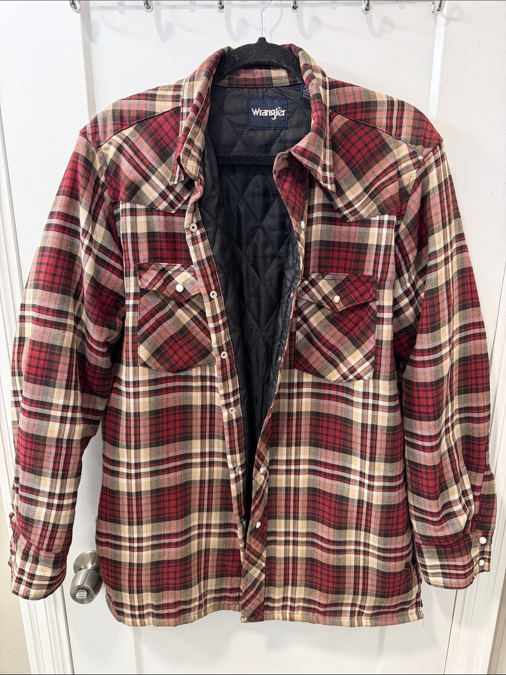 Wrangler Red and Cream Plaid Quilted-Lined Shirt Jacket